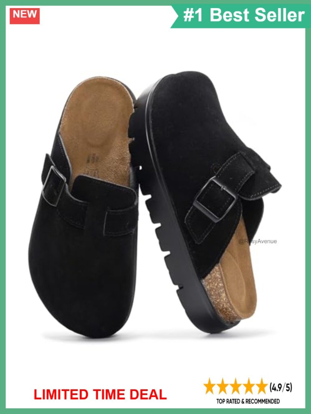 Genuine Leather Platform Clogs Cork Footbed Memory Foam Slip On